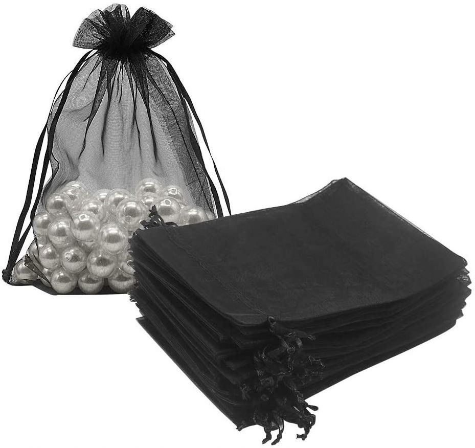 Black Organza Bags 5x7 inch 100pcs, Mesh Candy Bags Jewelry Pouches Drawstring Empty Sachet for Present Wedding Giveaways