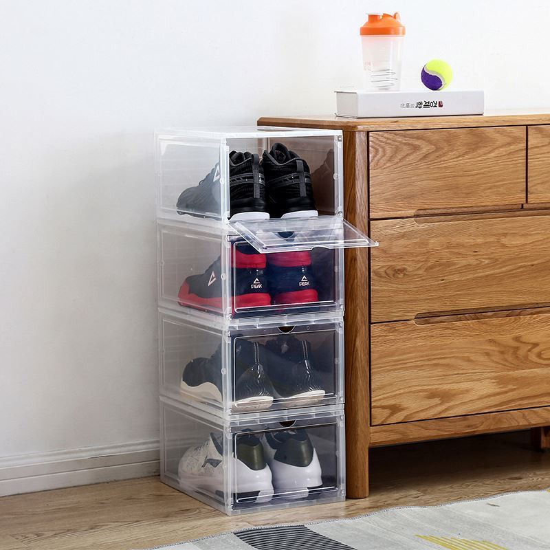 Loonde magnetic door and drop front clear shoe boxes with lids stackable