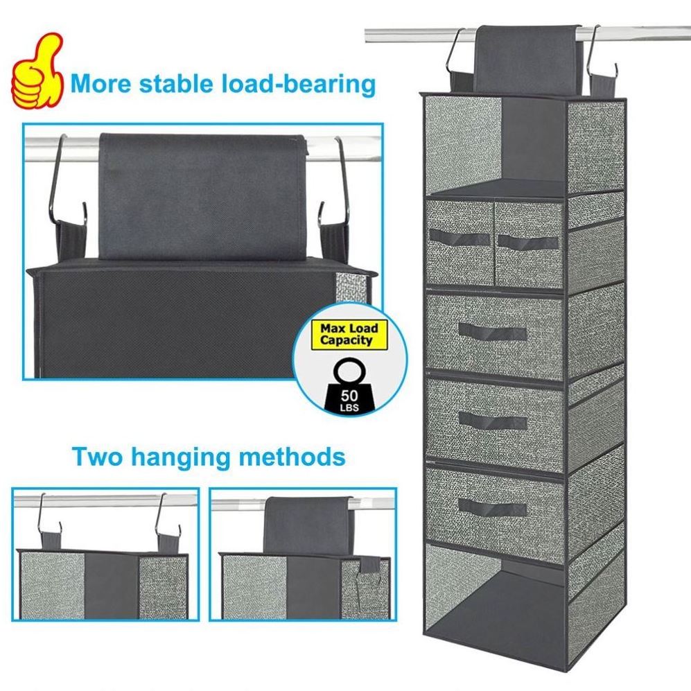 3 Divisible Drawers 6-Shelf Hanging Closet Organizer Hanging Shelves for Closet