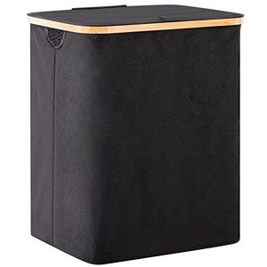 90L Bamboo Laundry Hamper Basket with Lid, Waterproof and Collapsible Cloth Hamper for Closet and Bathroom, Black