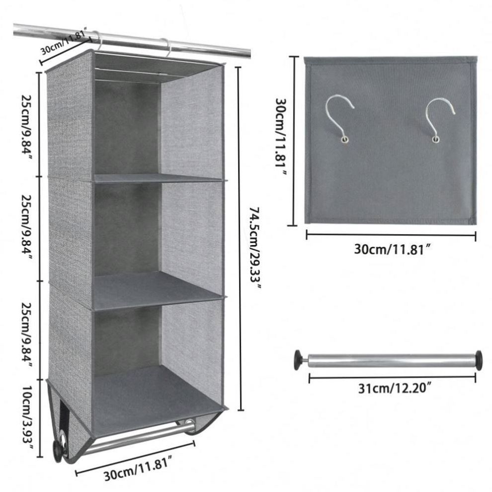 4 Section Fabric Closet Organizer Shelving with Built In Chrome Garment Rod Crosshatch Gray 2 Section Closet Organizer