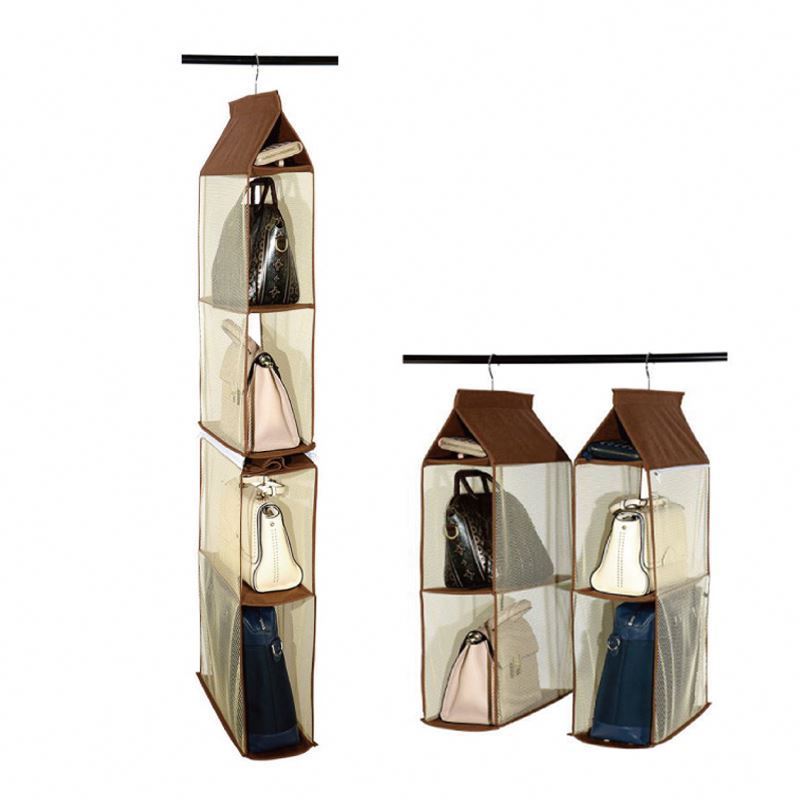 Multilayers foldable shelf home hanging organizer dust proof clear purse bag hanging mesh storage closet organizer