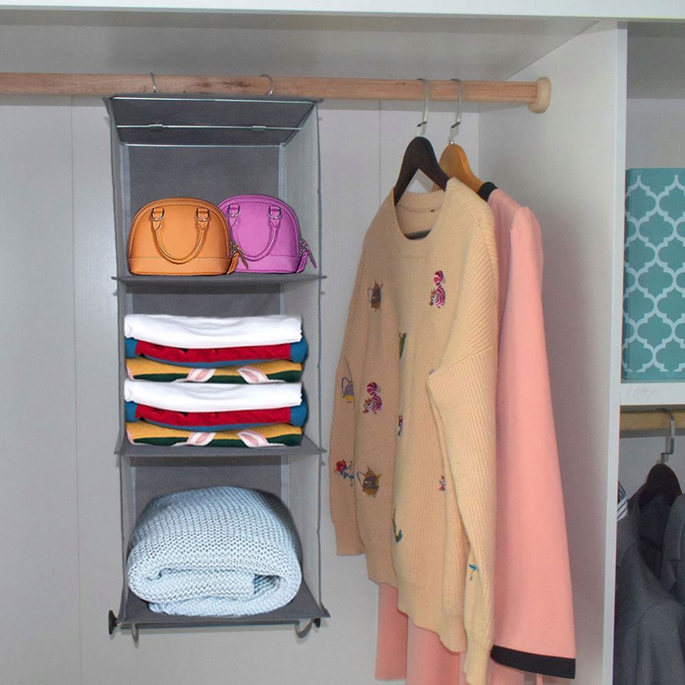 4 Section Fabric Closet Organizer Shelving with Built In Chrome Garment Rod Crosshatch Gray 2 Section Closet Organizer