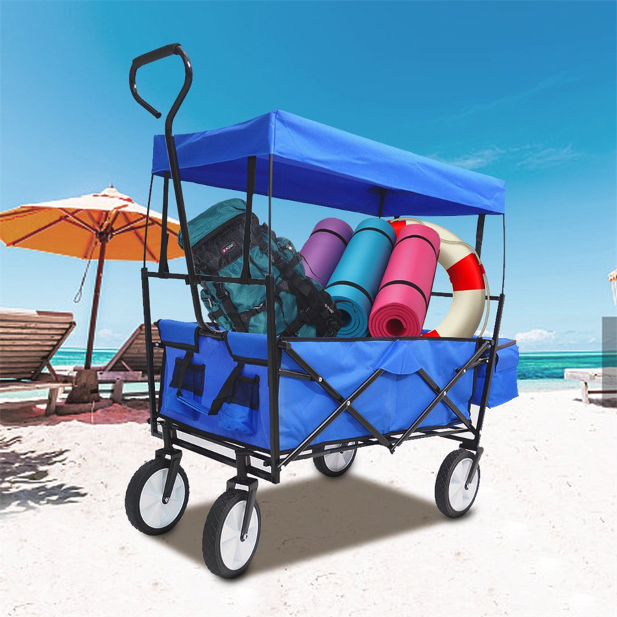 Large capacity fishing beach trolley cart collapsible canopy wagon cart seat for camping BBQ garden