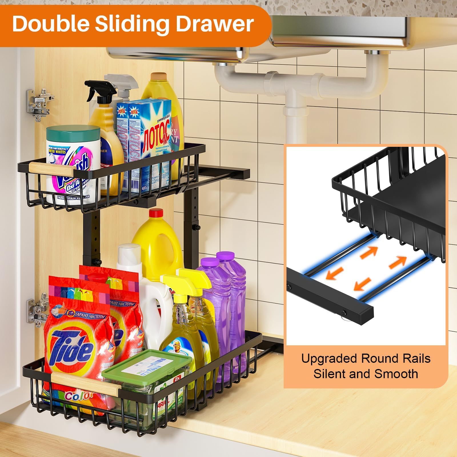 2-Tier Adjustable Height Under-Sink Organizer Multi-Purpose Pull out Drawers for Kitchen & Bathroom Sundries Storage Racks