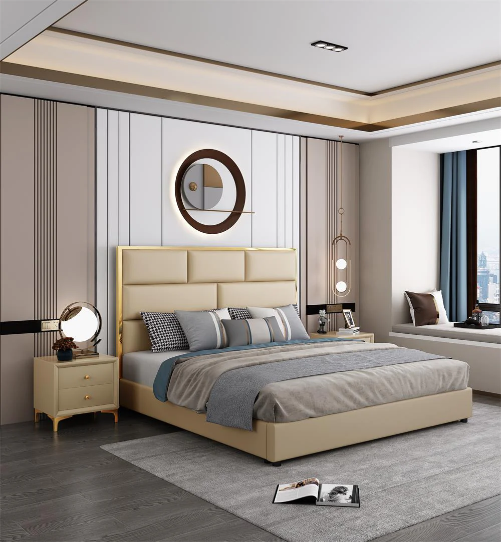 Italian modern luxury bed frame king queen size leather upholstered bed frame headboard with storage