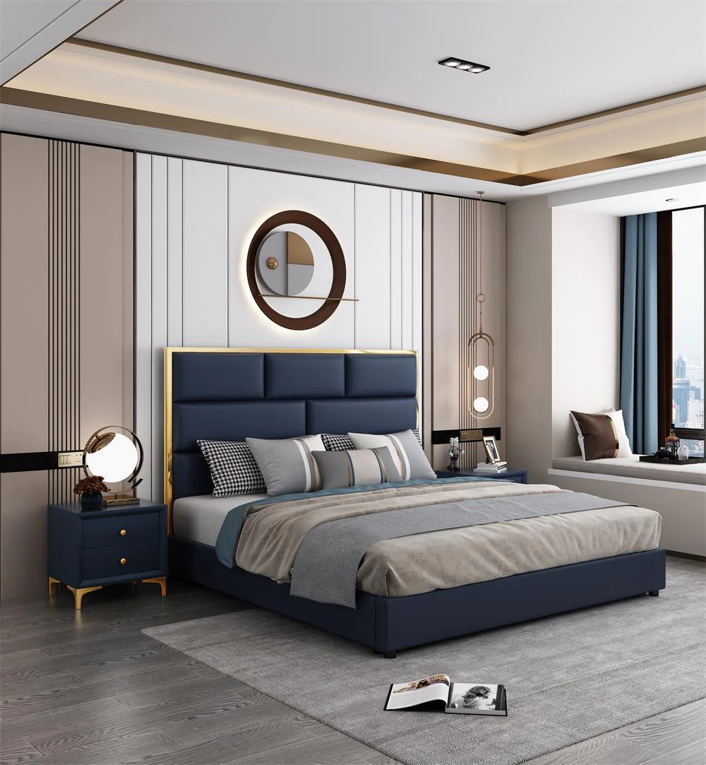 Italian modern luxury bed frame king queen size leather upholstered bed frame headboard with storage BestSuppliers