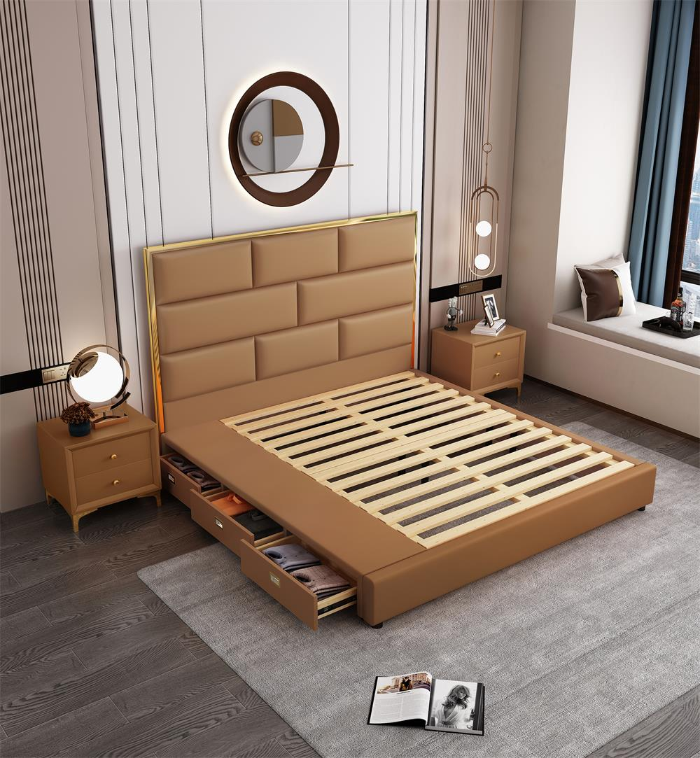 Italian modern luxury bed frame king queen size leather upholstered bed frame headboard with storage