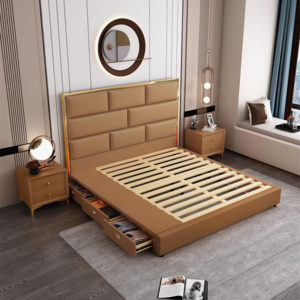 Italian modern luxury bed frame king queen size leather upholstered bed frame headboard with storage