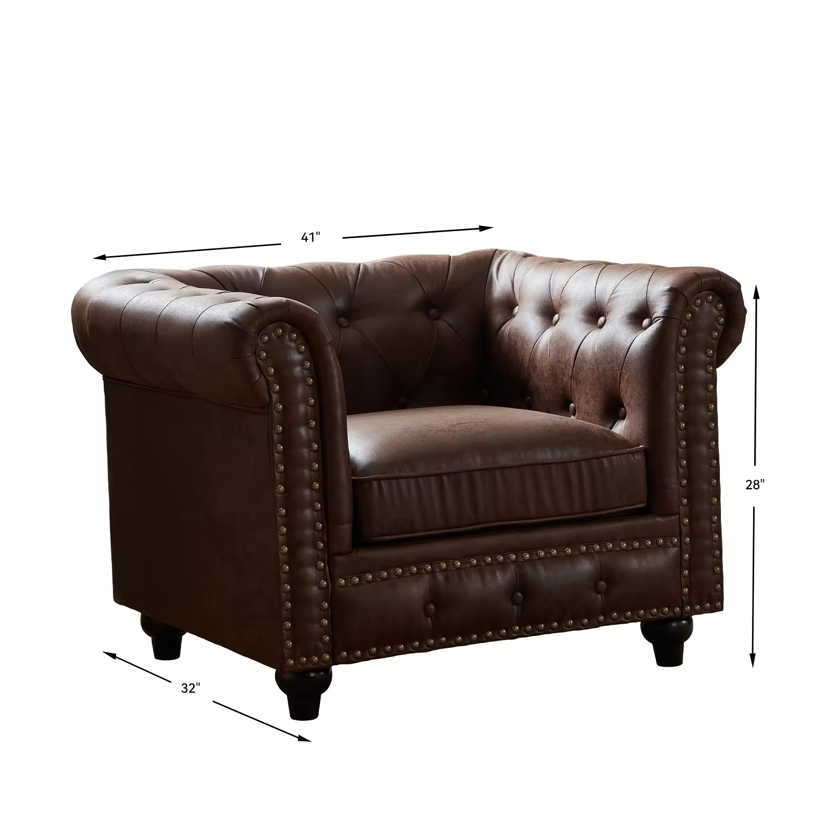 America Style Chesterfield Brown Faux Leather Tufted Armchair Living Room Single Classic Sofa Studded Leather Chesterfield Chair