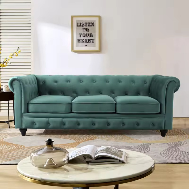 Classic Design Chesterfield Green Velvet Tufted Sofa Roll Arm 3 Seater Velvet Chesterfield Sofa Set Living Room Furniture