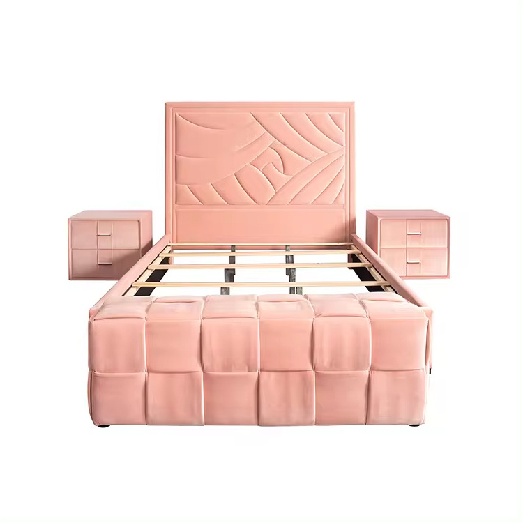 Bedroom furniture set luxury king size bed classic king queen size wooden bed frame upholstered velvet pink bed