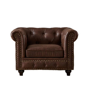 America Style Chesterfield Brown Faux Leather Tufted Armchair Living Room Single Classic Sofa Studded Leather Chesterfield Chair