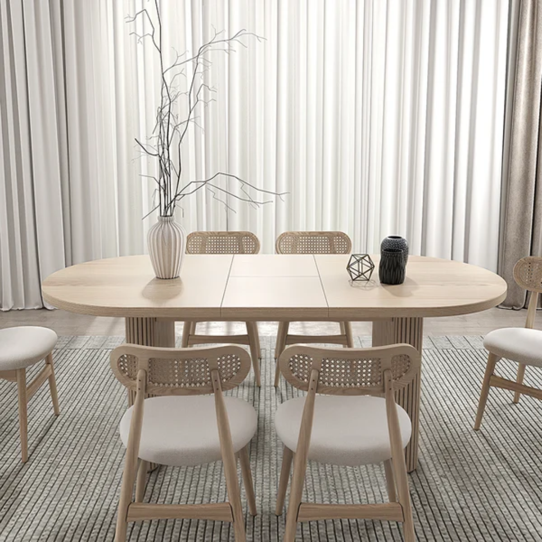 Custom Modern Solid Wood Restaurant Home Furniture Extendable Fluted Ribbed Oval Dining Table