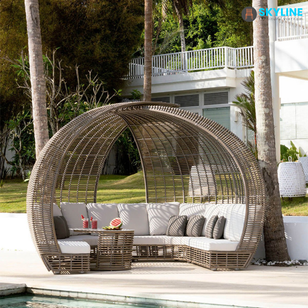 Custom Modern Wrap-Around Shape Rattan/wicker Furniture Rope Woven Sun Loungers Outdoor Garden Furniture Poolside Patio Daybed