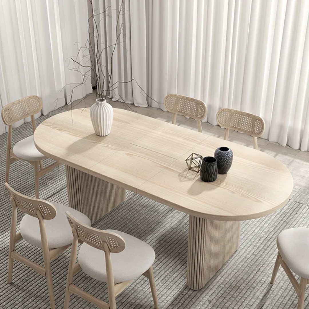 Custom Modern Solid Wood Restaurant Home Furniture Extendable Fluted Ribbed Oval Dining Table