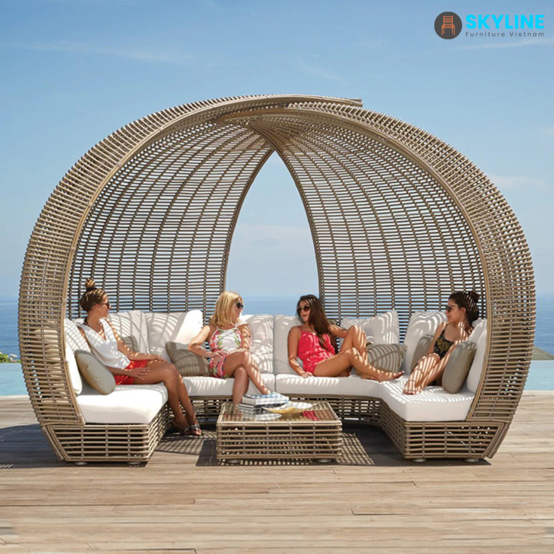 Custom Modern Wrap-Around Shape Rattan/wicker Furniture Rope Woven Sun Loungers Outdoor Garden Furniture Poolside Patio Daybed