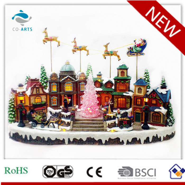 Polyresin Christmas LED Lampara House with Santa Kids & Rolling Music Ply, Fly Deer Christmas Tree Arbol de Navidad Ornament