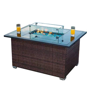 Portable Metal Assemble Rattan New Rectangle Gas Fire Pit Table Garden Furniture Fire pit With Glass Cover Fireplace Foyer