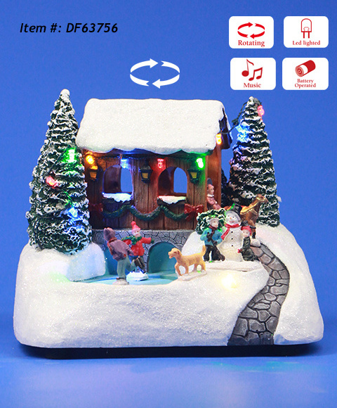 Polyresin Christmas LED Lampara House with Santa Kids & Rolling Music Ply, Fly Deer Christmas Tree Arbol de Navidad Ornament