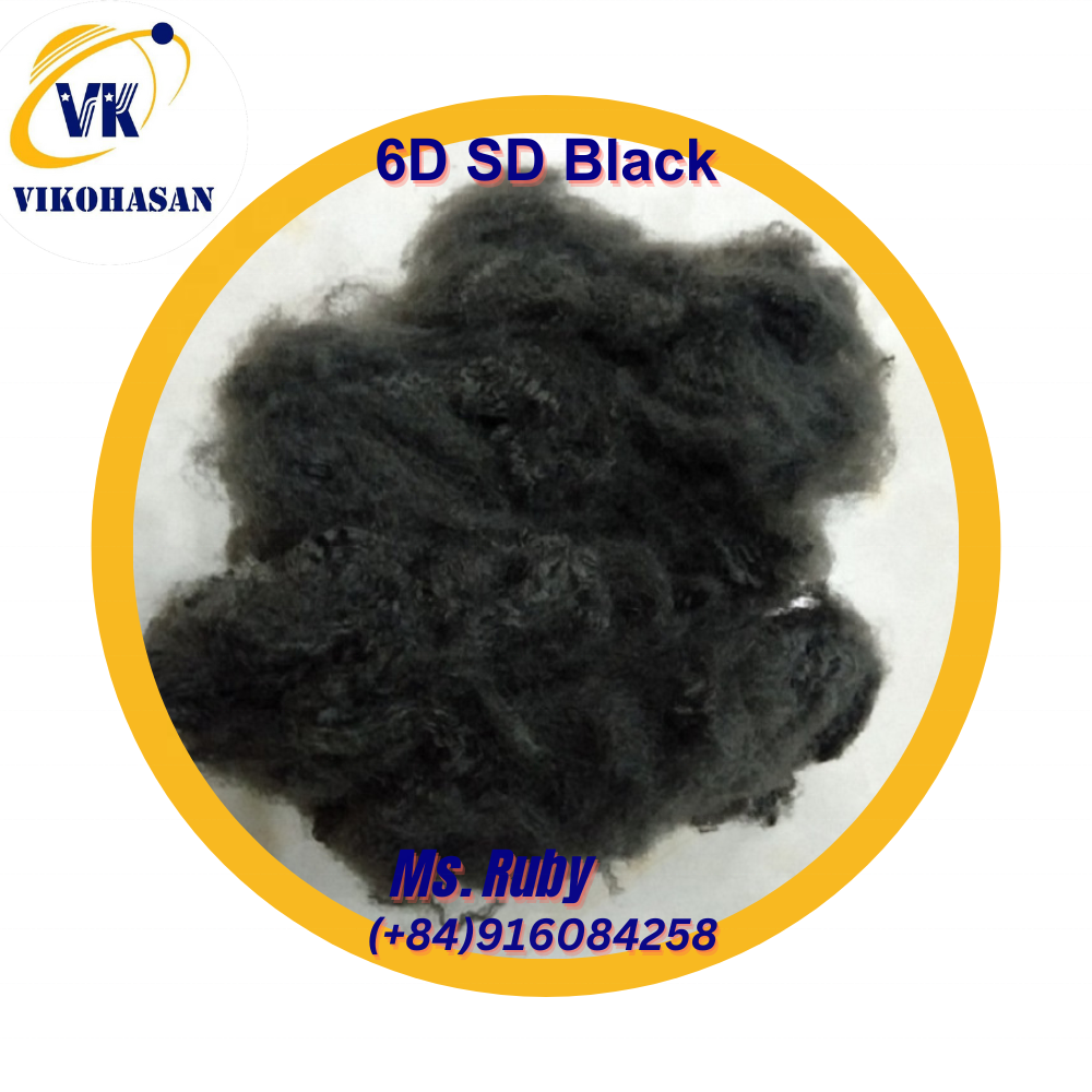 Staple Fiber from Vikohasan Manufacturer Vietnam Solid Dry Recycled Polyester for Sale 6D51SD Black 100% Polyester 6D 51mm