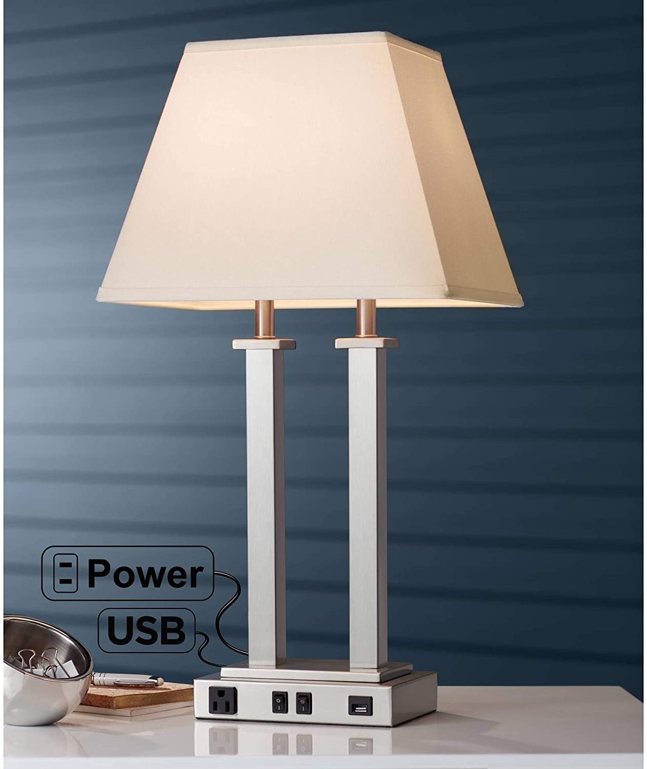 Hotel Simple Modern Style USB and AC Power Outlet in Base Bedside Living room Chrome Fabric Shade Table Lamp