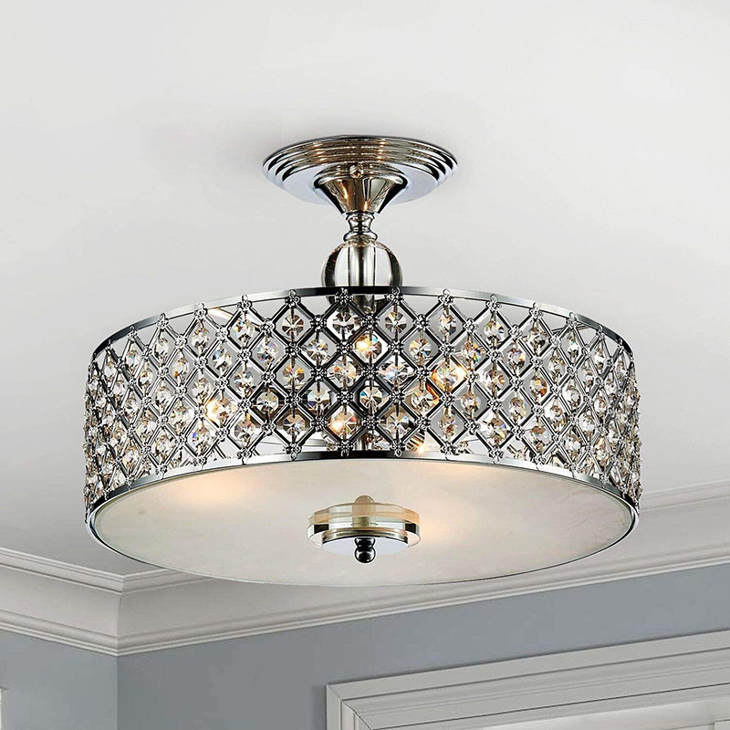 Luxury Hallway Living Room Semi Round Chrome Crystal Modern Flush Mount Ceiling Lights