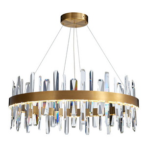 LED Tricolor Dimming Modern Metal Round Gold Pendant Lamp Luxury Crystal Chandeliers Decorative Lighting Fixture for Dining Room