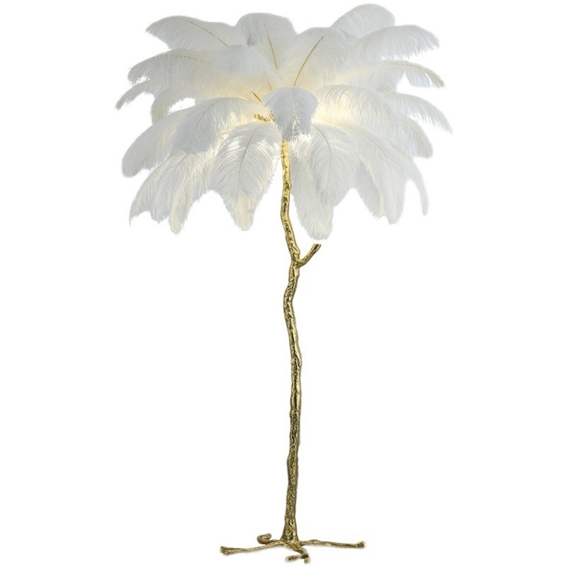 Hot Selling Luxury Copper Material Floor Lights Tree Shape Art Design Creative Ostrich Feather Led Floor Lamp Standing Led Light