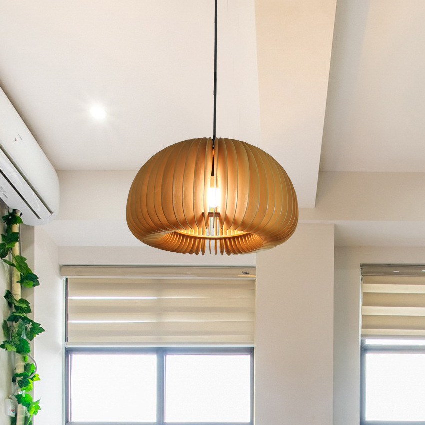 Kitchen Decorative E27 Hanging Lamp Dining Room Pumpkin Shade Bamboo Pendant Lamp Hotel Cheap Nordic Modern Wood Pendant Light