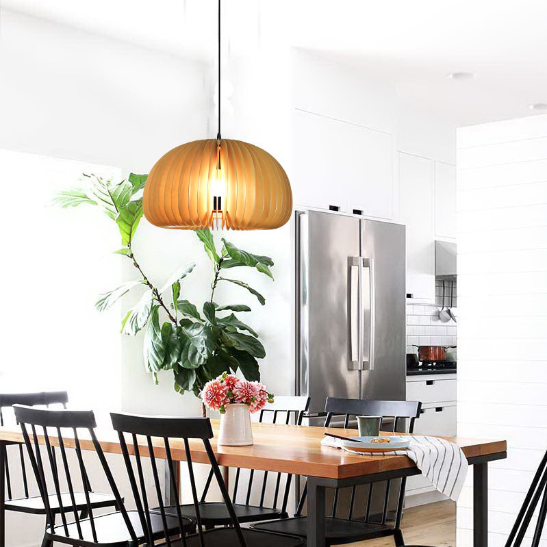 Kitchen Decorative E27 Hanging Lamp Dining Room Pumpkin Shade Bamboo Pendant Lamp Hotel Cheap Nordic Modern Wood Pendant Light