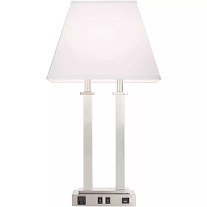 Hotel Simple Modern Style USB and AC Power Outlet in Base Bedside Living room Chrome Fabric Shade Table Lamp