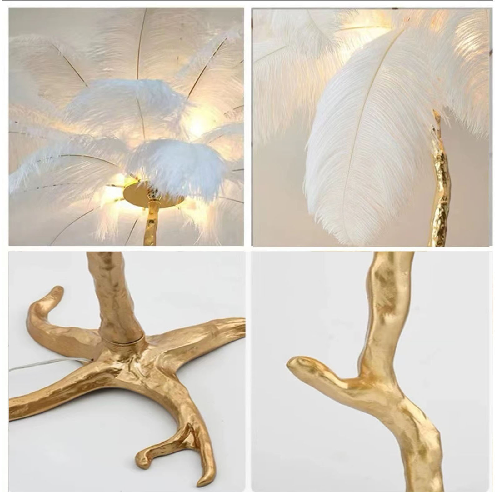 Hot Selling Luxury Copper Material Floor Lights Tree Shape Art Design Creative Ostrich Feather Led Floor Lamp Standing Led Light