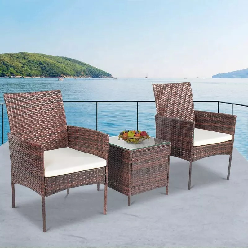 Small Space Rattan Wicker Patio Bistro Set 3 Pieces Outdoor Furniture Garden Chairs Set with Cushions