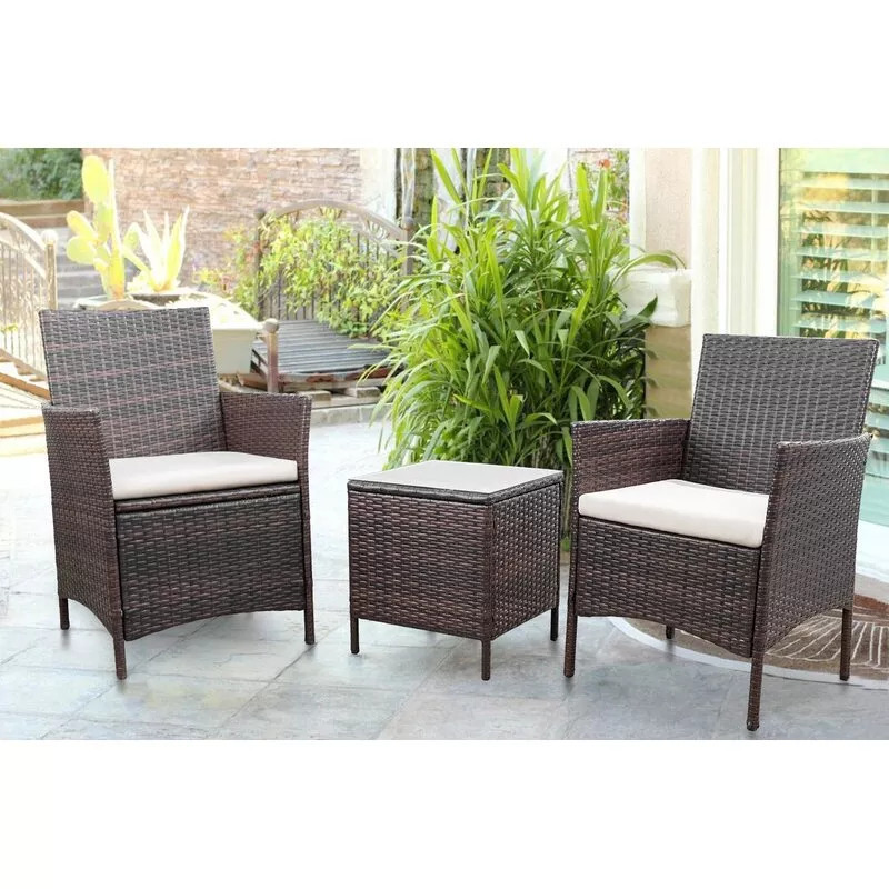 Small Space Rattan Wicker Patio Bistro Set 3 Pieces Outdoor Furniture Garden Chairs Set with Cushions