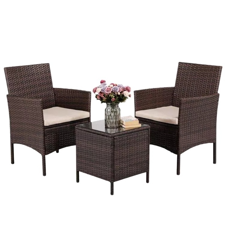 Small Space Rattan Wicker Patio Bistro Set 3 Pieces Outdoor Furniture Garden Chairs Set with Cushions