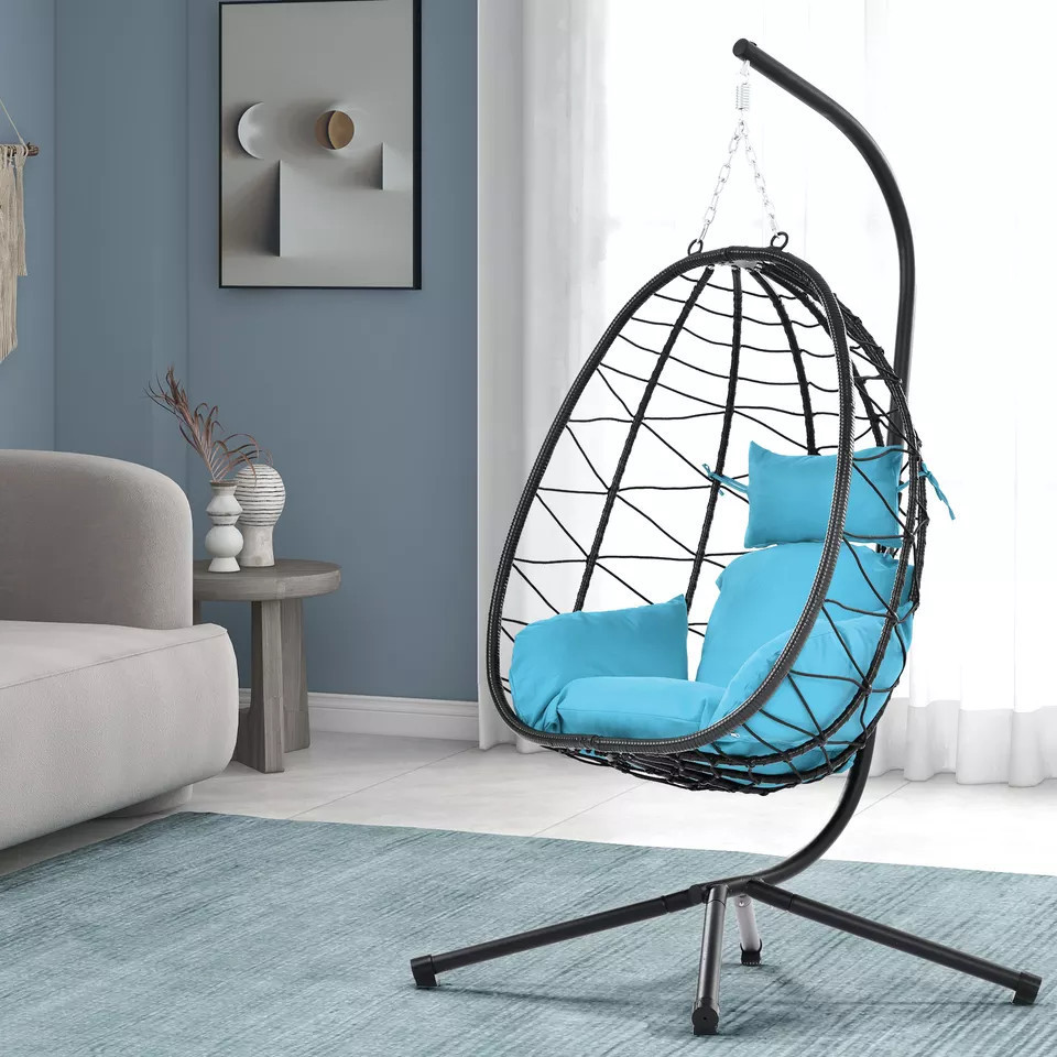 Wholesale Custom PE Rattan Steel Frame Swing Egg Hanging Chair With Seat Cushions