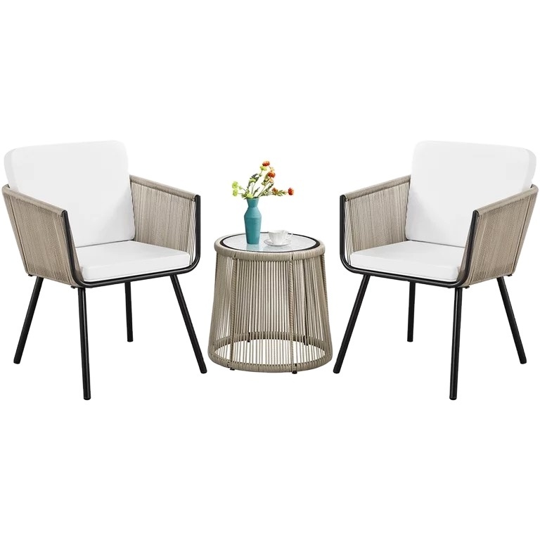 Hot Sell Cheap Rope Chair  Outdoor Design Modern Wicker Chair Set 2 Chair And Side Table Rope Cafe Patio Outdoor Furniture