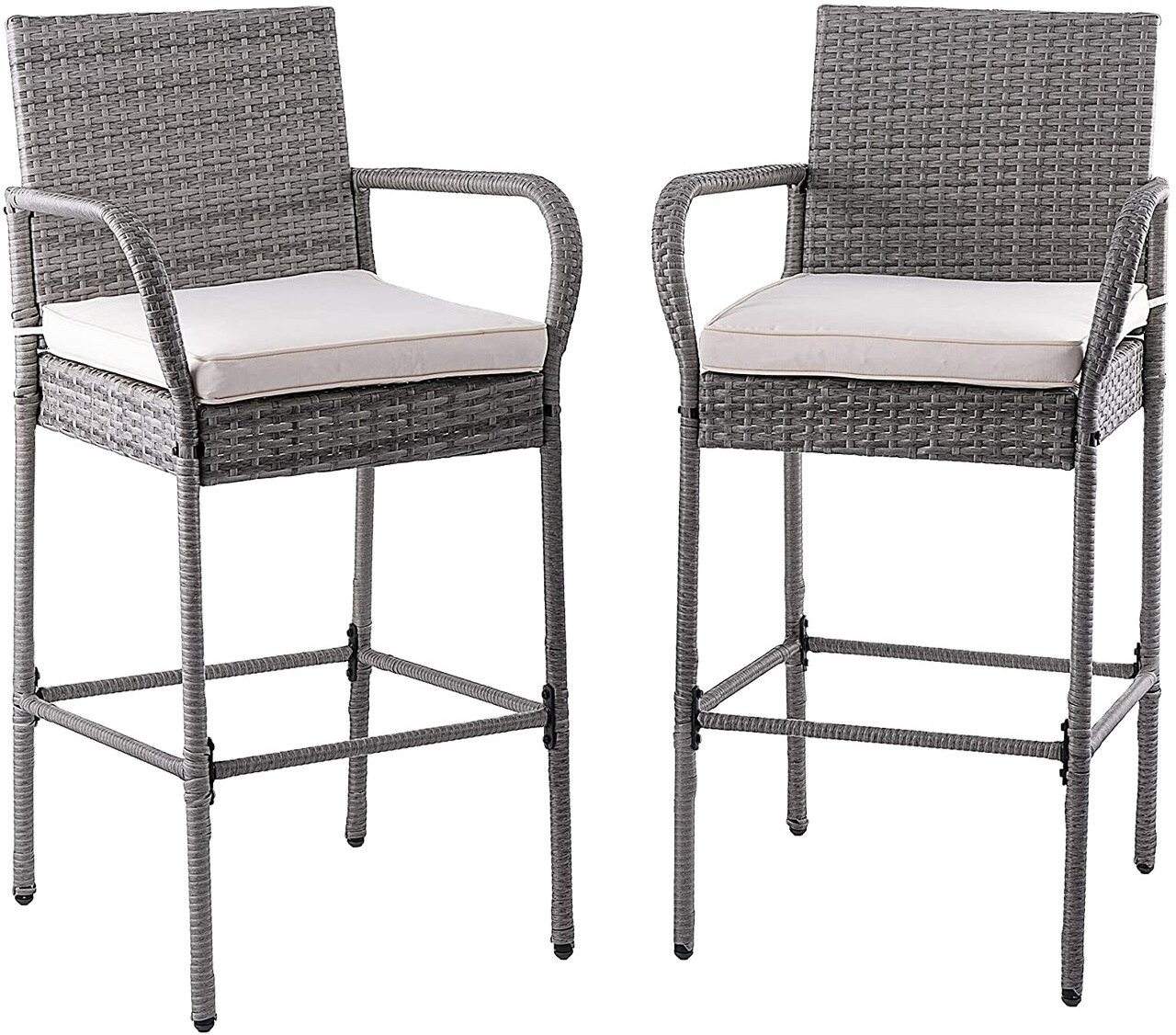 KD patio wicker rattan bar stools bar chairs set of 2 outdoor furniture high dining chairs with footrest  and armrest