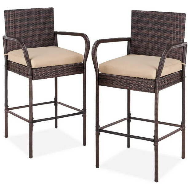 KD patio wicker rattan bar stools bar chairs set of 2 outdoor furniture high dining chairs with footrest  and armrest