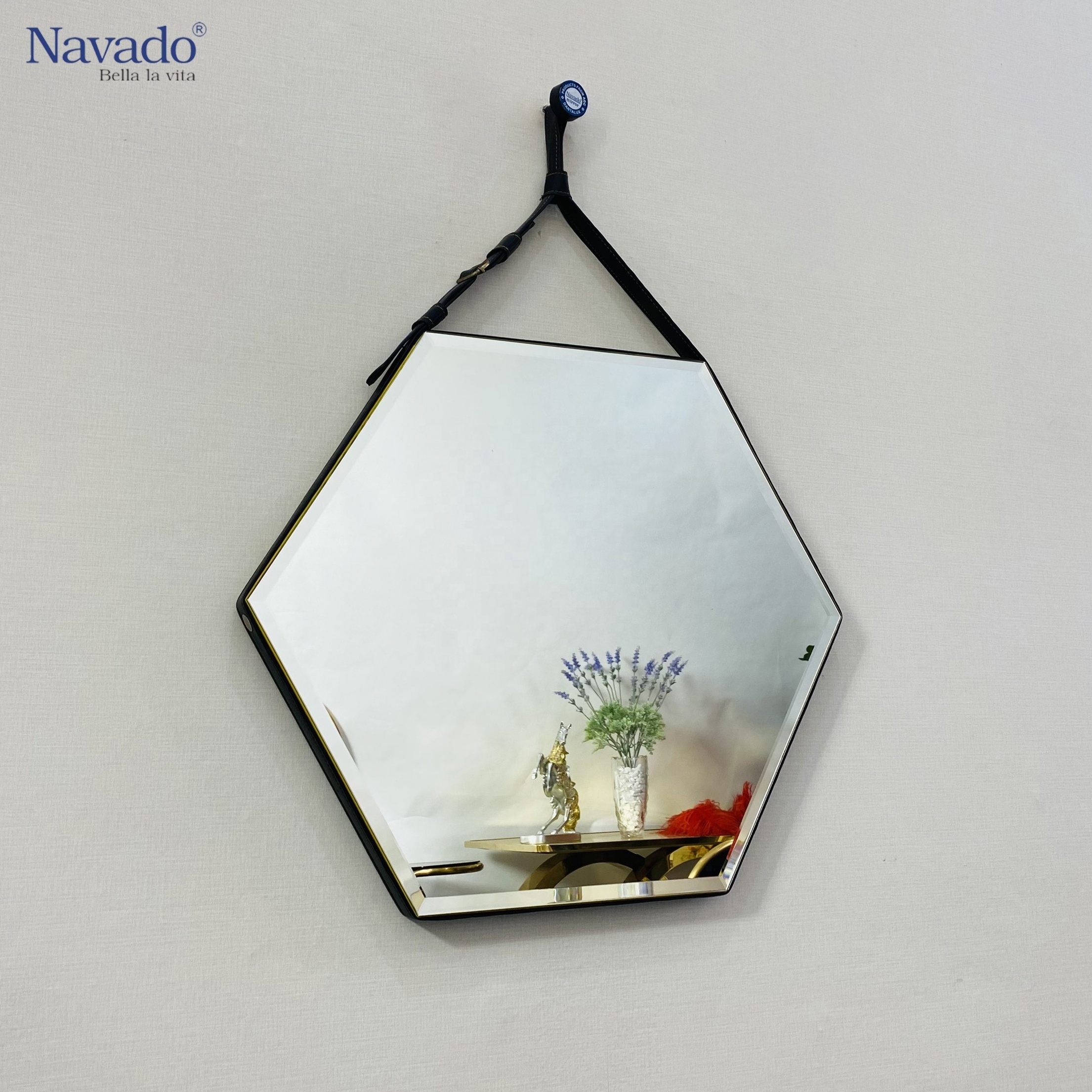 Luxury and Fancy Design Glass Hexagon Shape Leather Strap Living Room Mirror Decorative Wall Mirror Art D800mm