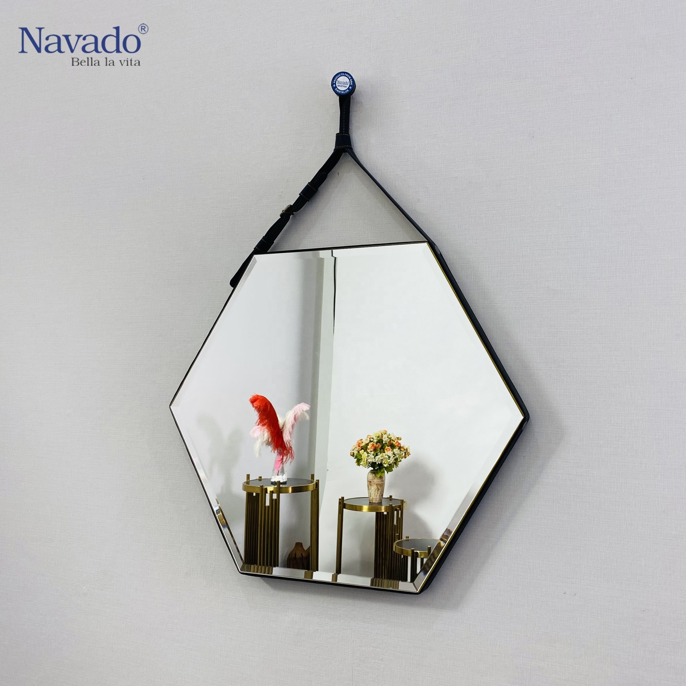 Luxury and Fancy Design Glass Hexagon Shape Leather Strap Living Room Mirror Decorative Wall Mirror Art D800mm