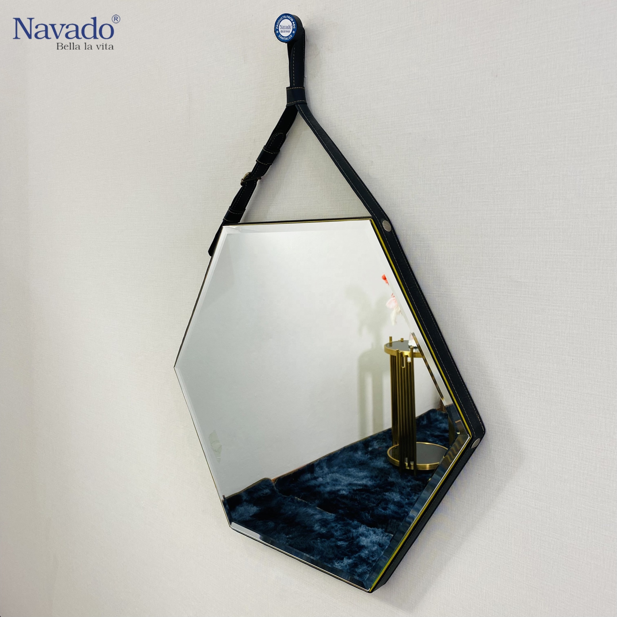 Luxury and Fancy Design Glass Hexagon Shape Leather Strap Living Room Mirror Decorative Wall Mirror Art D800mm