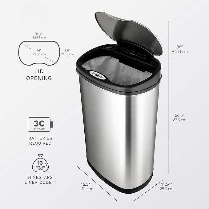 HOT SALE OEM DZT-50-13 Automatic Touchless Motion Sensor Oval Trash Can with Black Top, 13 gallon/50 L, Stainless Steel