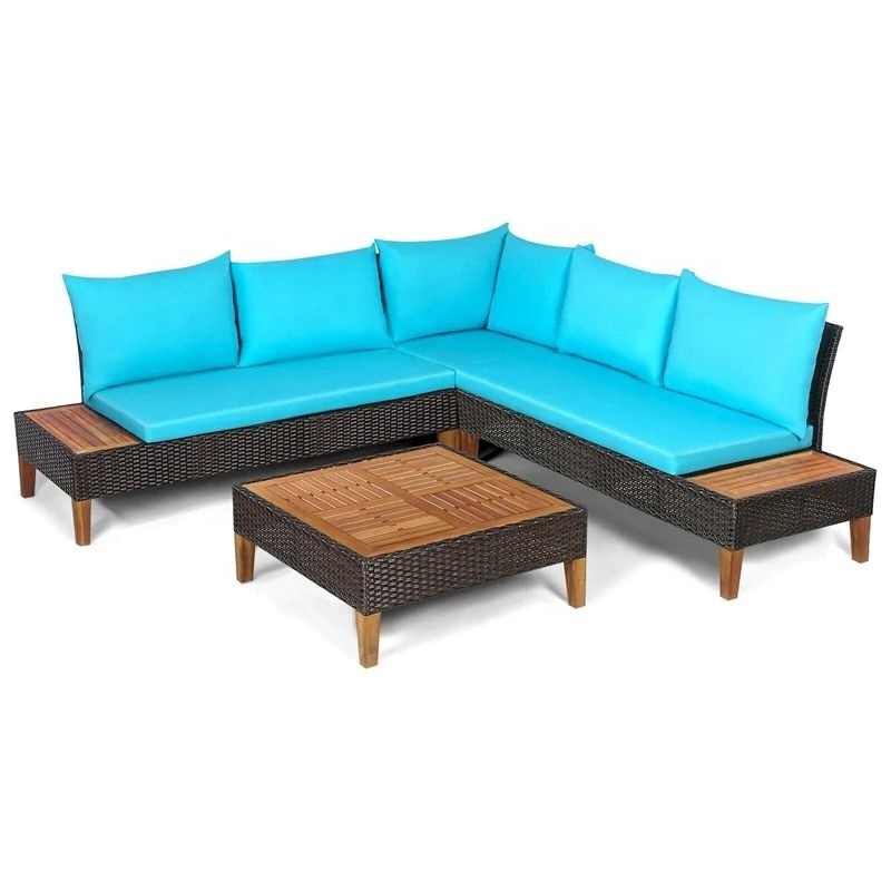 Quality coner Sofa set, PE black rattan, steel powder coating frame, Cushion 5 cm,  acacia hardwood with teak oil finishing