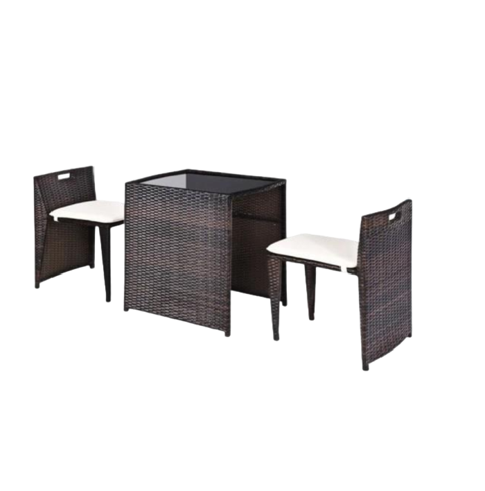 TINY SET with PE grey rattan , 1 table and 2 chairs , black tempered glass table top 5mm -  export from  Vietnam