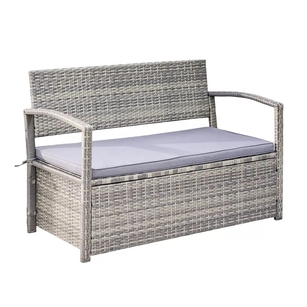 Hot selling Storage Bench, PE grey rattan, steel powder coating frame, grey cushion seat 5 cm