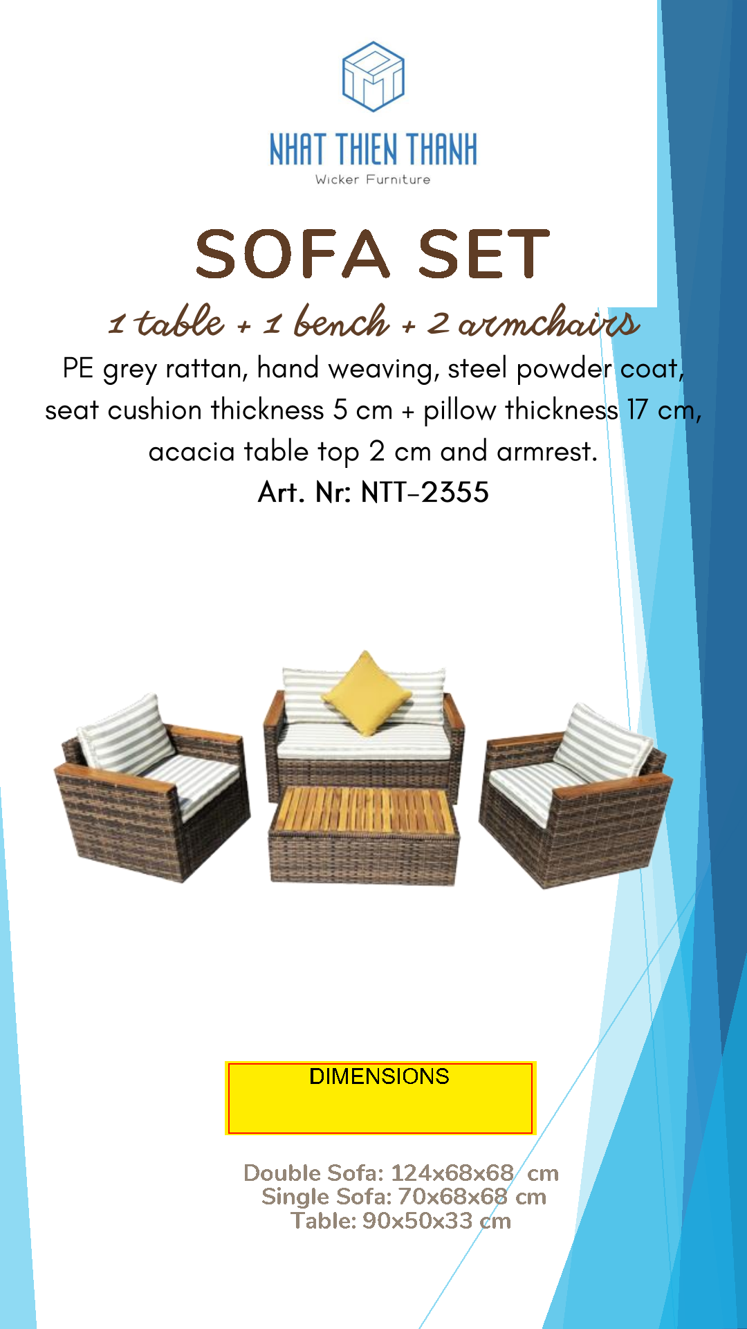 Vietnam High quality Sofa set  with PE grey rattan, hand weaving - 1 table, 1 bench, 2 armchairs - Model NTT-2355