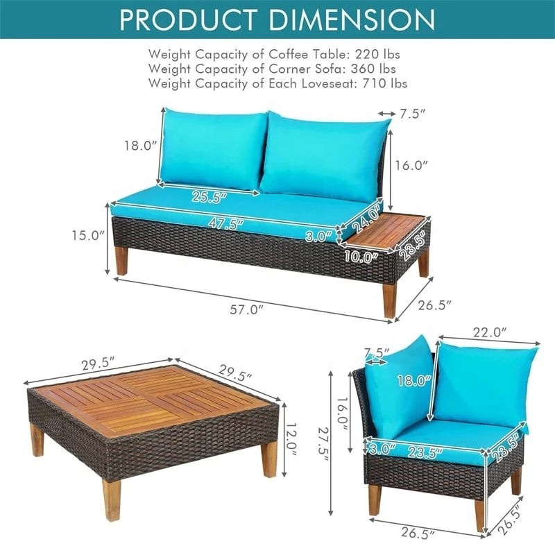 Quality coner Sofa set, PE black rattan, steel powder coating frame, Cushion 5 cm,  acacia hardwood with teak oil finishing