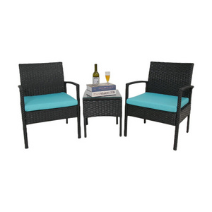 Bistro set, PE black rattan, steel powder coating frame, Acacia table top, oil finishing surface.